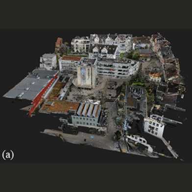 (a) Point cloud-based 3D model of the village Hochdorf in the real colors, (b) By coloring the point cloud the ownership relations are shown